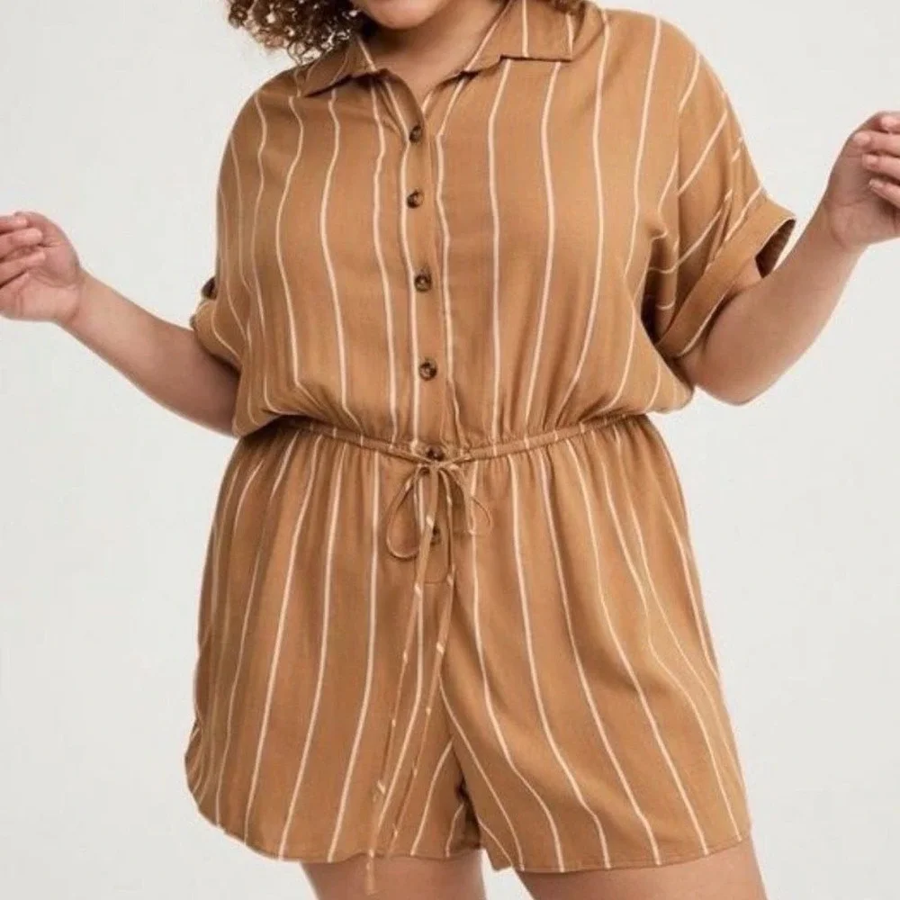 Torrid Brown White Striped Button Front Romper Women Plus Size 1 XL Short Sleeve - Picture 8 of 11